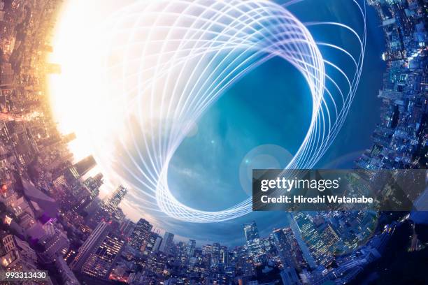 planet shape panorama cityscape with light trail at dusk - social network bildbanksfoton och bilder