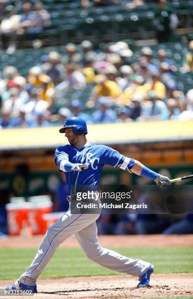Drew Butera of the Kansas City Royals bats during the game against the Oakland Athletics at the Oakland Alameda Coliseum on June 10, 2018 in Oakland,...
