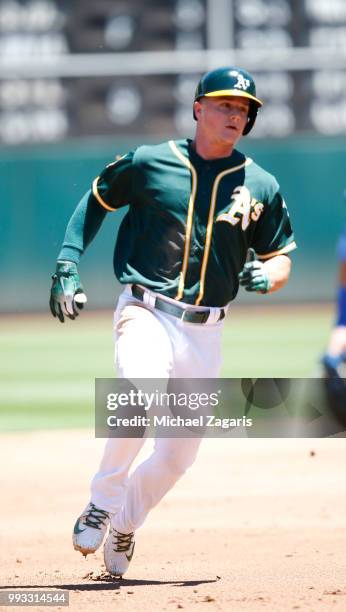 Matt Chapman of the Oakland Athletics runs the bases during the game against the Kansas City Royals at the Oakland Alameda Coliseum on June 10, 2018...