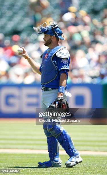 Drew Butera of the Kansas City Royals stands on the field during the game against the Oakland Athletics at the Oakland Alameda Coliseum on June 10,...