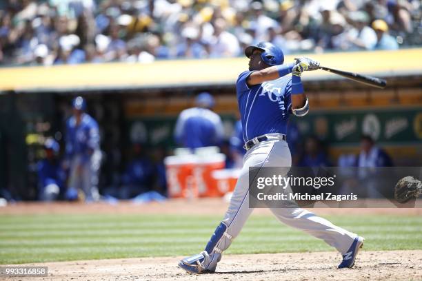 Salvador Perez of the Kansas City Royals hits a home run during the game against the Oakland Athletics at the Oakland Alameda Coliseum on June 10,...