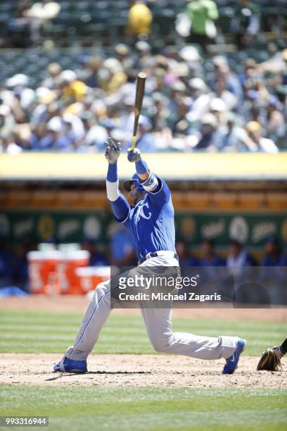 Paulo Orlando of the Kansas City Royals bats during the game against the Oakland Athletics at the Oakland Alameda Coliseum on June 10, 2018 in...
