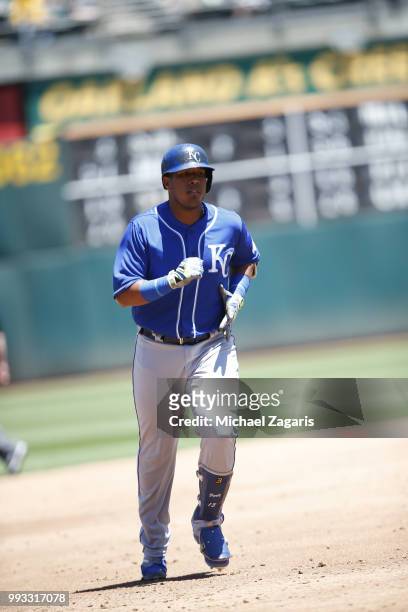 Salvador Perez of the Kansas City Royals runs the bases after hitting a home run during the game against the Oakland Athletics at the Oakland Alameda...