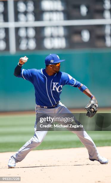 Alcides Escobar of the Kansas City Royals fields during the game against the Oakland Athletics at the Oakland Alameda Coliseum on June 10, 2018 in...