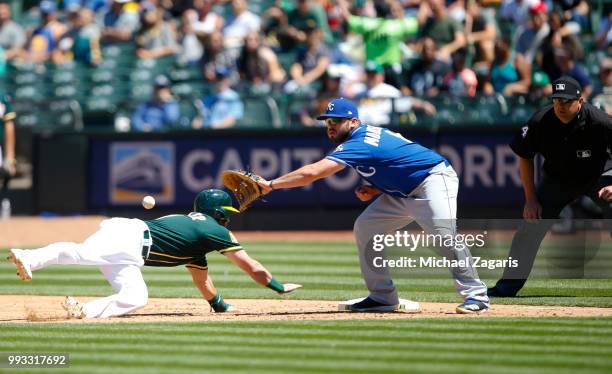 Mike Moustakas of the Kansas City Royals takes the throw at first during the game against the Oakland Athletics at the Oakland Alameda Coliseum on...