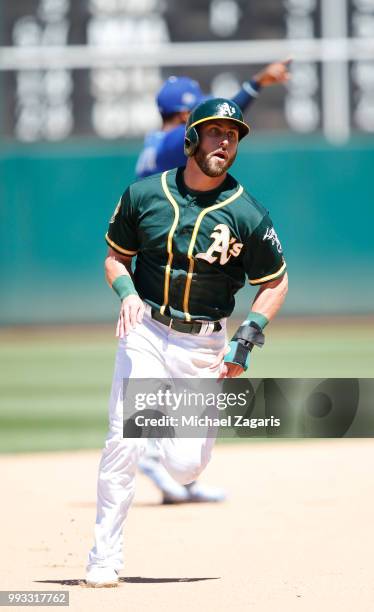 Dustin Fowler of the Oakland Athletics runs the bases during the game against the Kansas City Royals at the Oakland Alameda Coliseum on June 10, 2018...