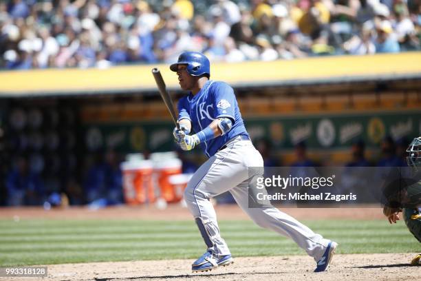 Salvador Perez of the Kansas City Royals bats during the game against the Oakland Athletics at the Oakland Alameda Coliseum on June 10, 2018 in...