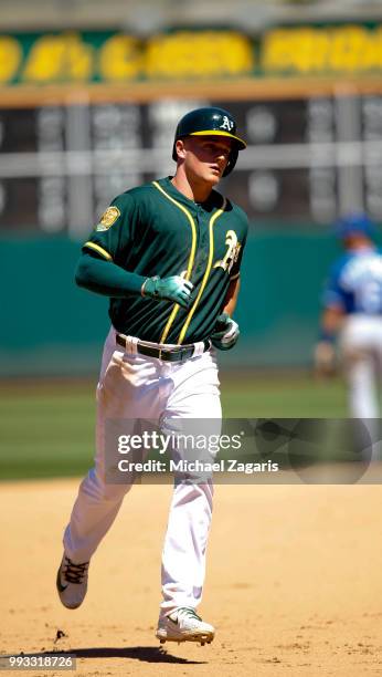 Matt Chapman of the Oakland Athletics runs the bases after hitting a home run during the game against the Kansas City Royals at the Oakland Alameda...