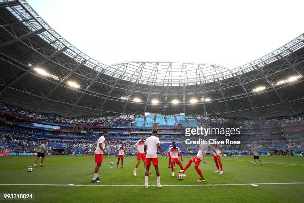 General view inside the stadium as England players warm up prior to the 2018 FIFA World Cup Russia Quarter Final match between Sweden and England at...