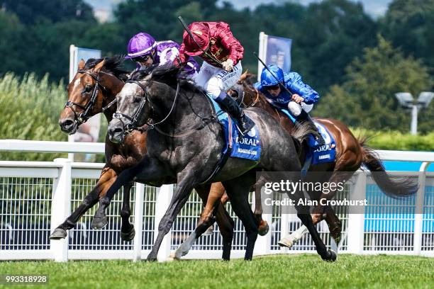 Oisin Murphy riding Roaring Lion win The Coral Eclipse from Saxon Warrior at Sandown Park on July 7, 2018 in Esher, United Kingdom.