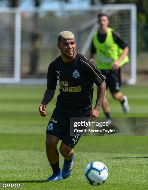 DeAndre Yedlin runs with the ball during the Newcastle United Training Session at the Newcastle United Training Centre on July 7 in Newcastle upon...