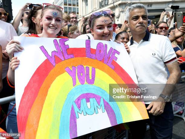 Mayor of London Sadiq Khan with parade goers during Pride In London on July 7, 2018 in London, England. It is estimated over 1 million people will...