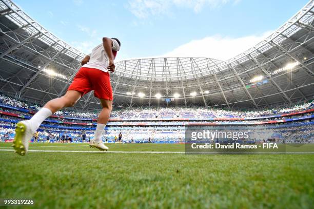 General view inside the stadium as an England Player makes his way on the pich for warm up prior to the 2018 FIFA World Cup Russia Quarter Final...