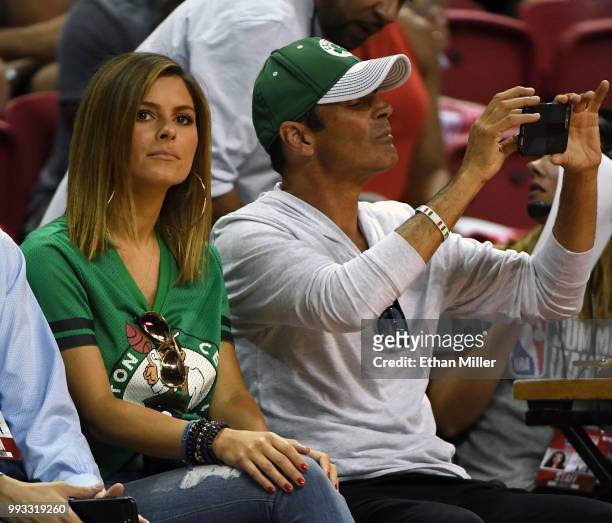Boston Celtics fans Maria Menounos and her husband Keven Undergaro watch a 2018 NBA Summer League game between the Celtics and the Philadelphia 76ers...