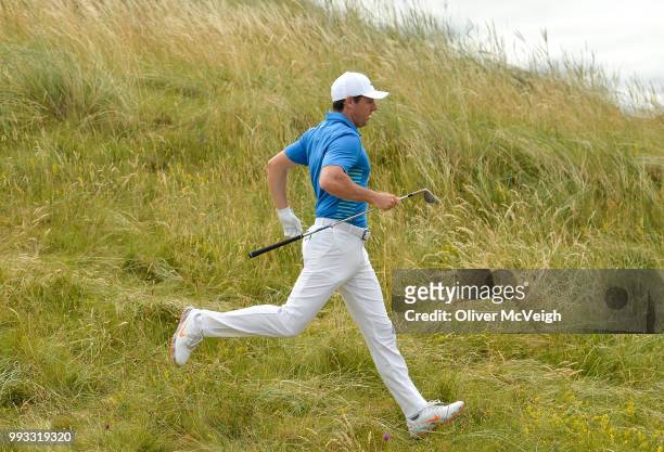 Donegal , Ireland - 7 July 2018; Rory McIlroy of Northern Ireland runs through the rough at the 1st hole during Day Three of the Dubai Duty Free...