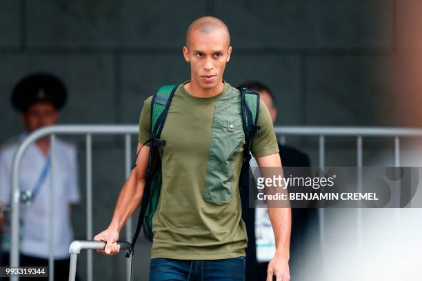 Brazil's defender Miranda leaves his team's hotel in Kazan on July 7 a day after the five-time champions crashed out of the Russia 2018 World Cup...