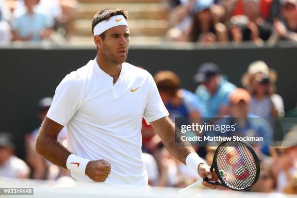 Juan Martin del Potro of Argentina celebrates after defeating Benoit Paire of France in their Men's Singles third round match on day six of the...