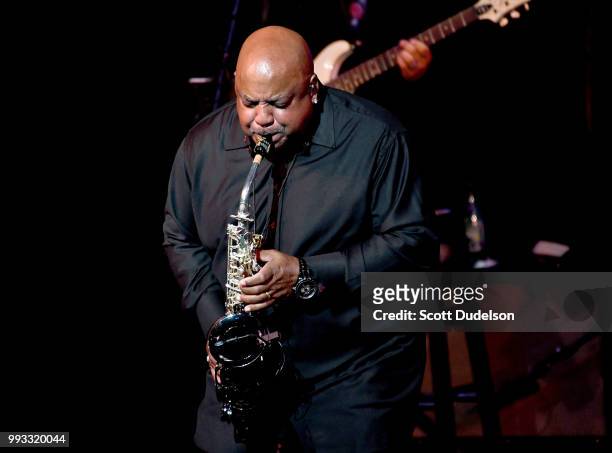 Jazz musician Gerald Albright appears on stage during the 'Dave Koz and Friends Summer Horns Tour' at Thousand Oaks Civic Arts Plaza on July 6, 2018...