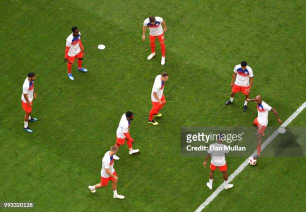 England players warm prior to the 2018 FIFA World Cup Russia Quarter Final match between Sweden and England at Samara Arena on July 7, 2018 in...