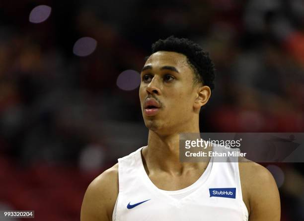 Zhaire Smith of the Philadelphia 76ers stands on the court during a 2018 NBA Summer League game against the Boston Celtics at the Thomas & Mack...