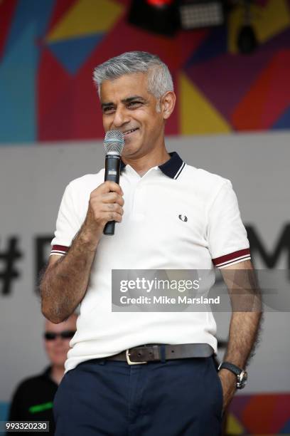 Mayor of London Sadiq Khan speaks on the Trafalgar Square Stage during Pride In London on July 7, 2018 in London, England. It is estimated over 1...