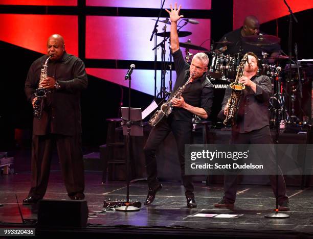 Jazz musician Dave Koz appears on stage during the 'Dave Koz and Friends Summer Horns Tour' at Thousand Oaks Civic Arts Plaza on July 6, 2018 in...