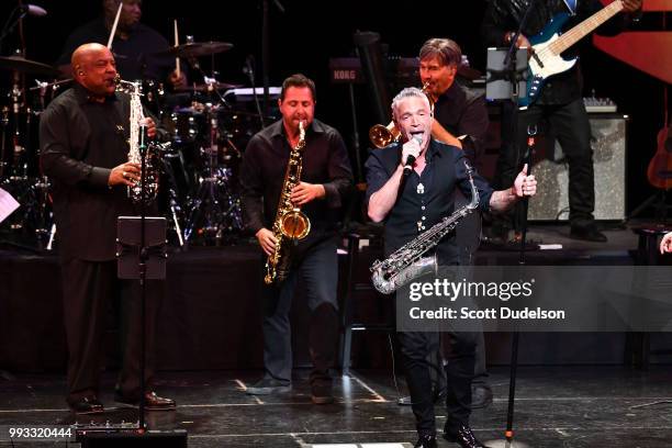 Jazz musician Dave Koz appears on stage during the 'Dave Koz and Friends Summer Horns Tour' at Thousand Oaks Civic Arts Plaza on July 6, 2018 in...