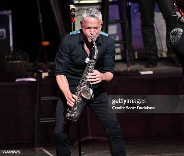 Jazz musician Dave Koz appears on stage during the 'Dave Koz and Friends Summer Horns Tour' at Thousand Oaks Civic Arts Plaza on July 6, 2018 in...