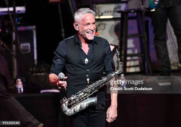 Jazz musician Dave Koz appears on stage during the 'Dave Koz and Friends Summer Horns Tour' at Thousand Oaks Civic Arts Plaza on July 6, 2018 in...