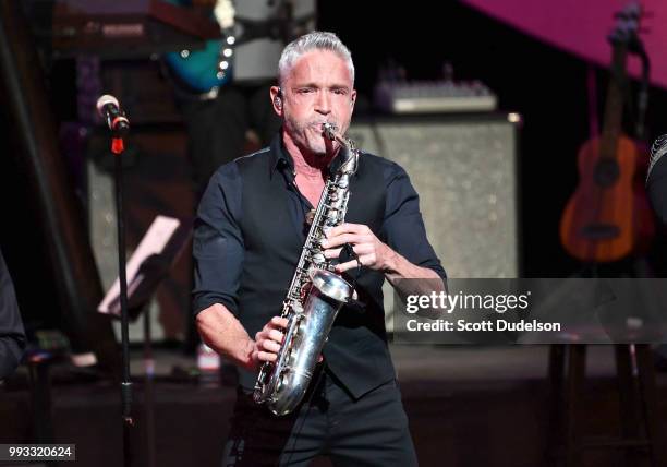 Jazz musician Dave Koz appears on stage during the 'Dave Koz and Friends Summer Horns Tour' at Thousand Oaks Civic Arts Plaza on July 6, 2018 in...