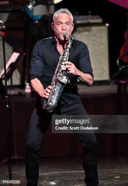 Jazz musician Dave Koz appears on stage during the 'Dave Koz and Friends Summer Horns Tour' at Thousand Oaks Civic Arts Plaza on July 6, 2018 in...