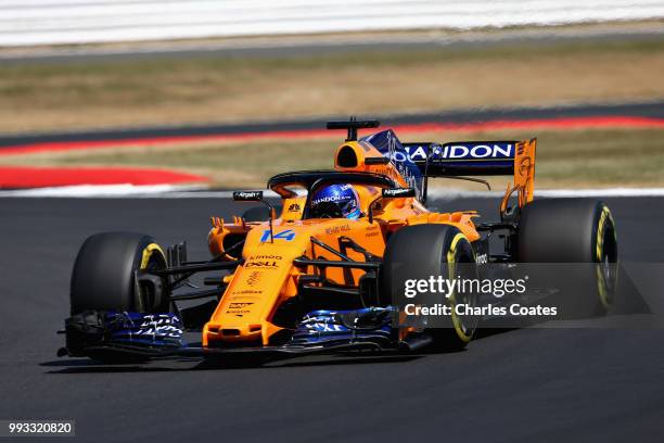 Fernando Alonso of Spain driving the McLaren F1 Team MCL33 Renault on track during qualifying for the Formula One Grand Prix of Great Britain at...