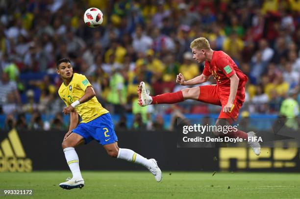 Kevin De Bruyne of Belgium in action against Thiago Silva of Brazil during the 2018 FIFA World Cup Russia Quarter Final match between Brazil and...