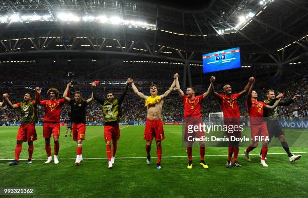Belgium players acknowledges the fans following the 2018 FIFA World Cup Russia Quarter Final match between Brazil and Belgium at Kazan Arena on July...