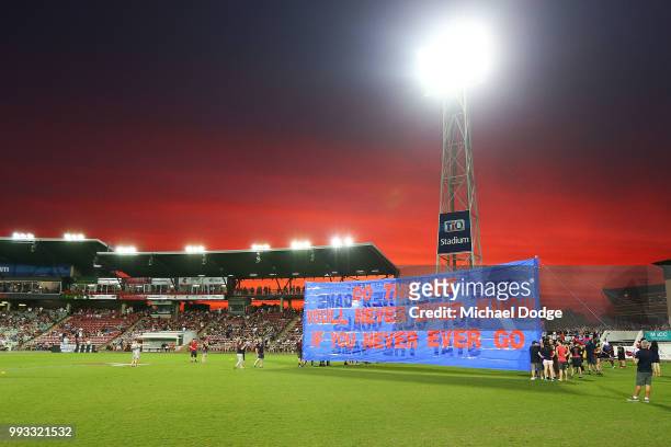 General view is seen during the round 16 AFL match between the Melbourne Demons and the Fremantle Dockers at TIO Stadium on July 7, 2018 in Darwin,...