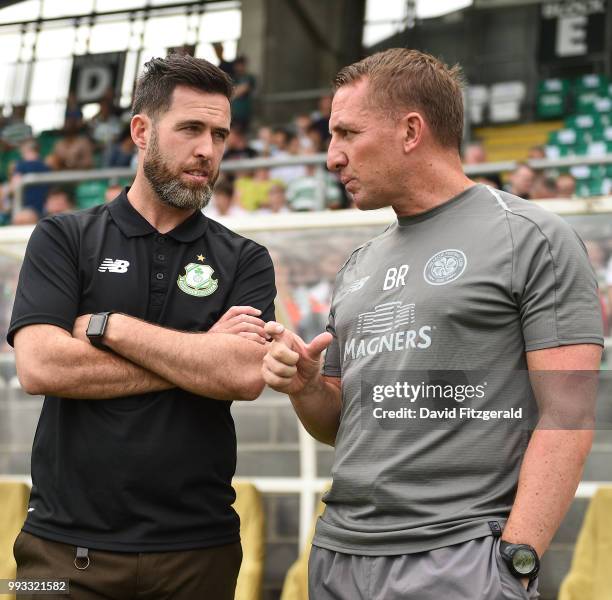 Dublin , Ireland - 7 July 2018; Celtic manager Brendan Rodgers, right, alongside Shamrock Rovers manager Stephen Bradley prior to the friendly match...