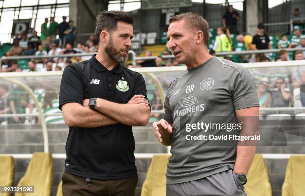 Dublin , Ireland - 7 July 2018; Celtic manager Brendan Rodgers, right, alongside Shamrock Rovers manager Stephen Bradley prior to the friendly match...