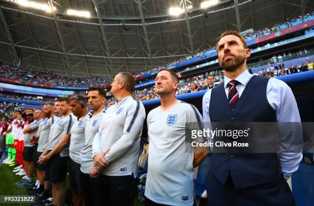 Gareth Southgate, Manager of England looks on prior to the 2018 FIFA World Cup Russia Quarter Final match between Sweden and England at Samara Arena...