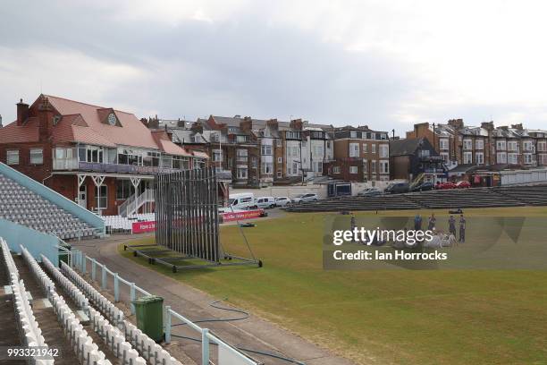 The team and staff chat during a England Young Lions nets training session at Scarborough Cricket Club on July 7, 2018 in Scarborough, England.