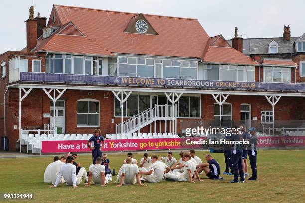 The team and staff chat during a England Young Lions nets training session at Scarborough Cricket Club on July 7, 2018 in Scarborough, England.