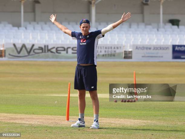 Adam Finch celebrates during a England Young Lions nets training session at Scarborough Cricket Club on July 7, 2018 in Scarborough, England.