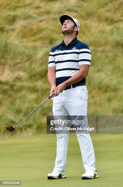 Donegal , Ireland - 7 July 2018; Jon Rahm of Spain reacts after missing a putt on the 18th green during Day Three of the Dubai Duty Free Irish Open...