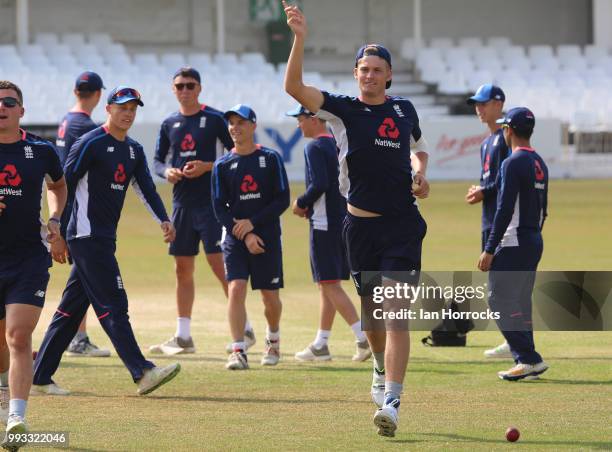 Adam Finch celebrates during a England Young Lions nets training session at Scarborough Cricket Club on July 7, 2018 in Scarborough, England.