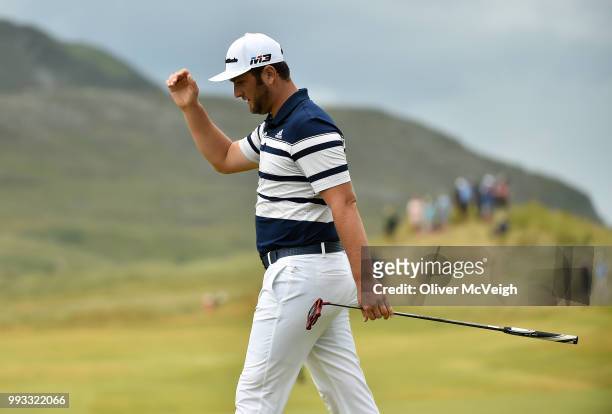 Donegal , Ireland - 7 July 2018; Jon Rahm of Spain reacts after missing a putt on the 18th green during Day Three of the Dubai Duty Free Irish Open...