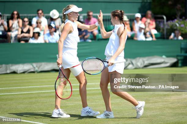 Harriet Dart and Katy Dunne during the doubles on day six of the Wimbledon Championships at the All England Lawn Tennis and Croquet Club, Wimbledon.