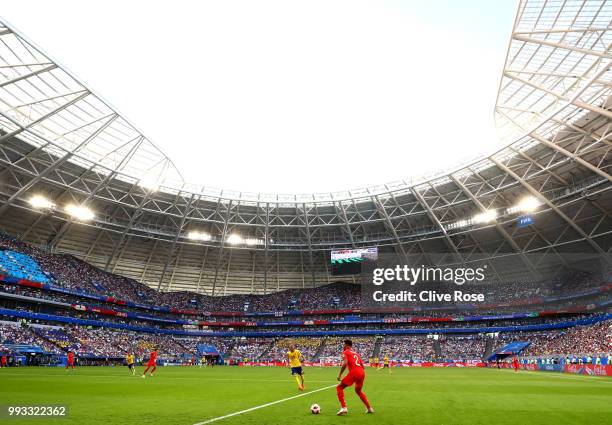 A General view inside the stadium as Kyle Walker of England controls the ball during the 2018 FIFA World Cup Russia Quarter Final match between...