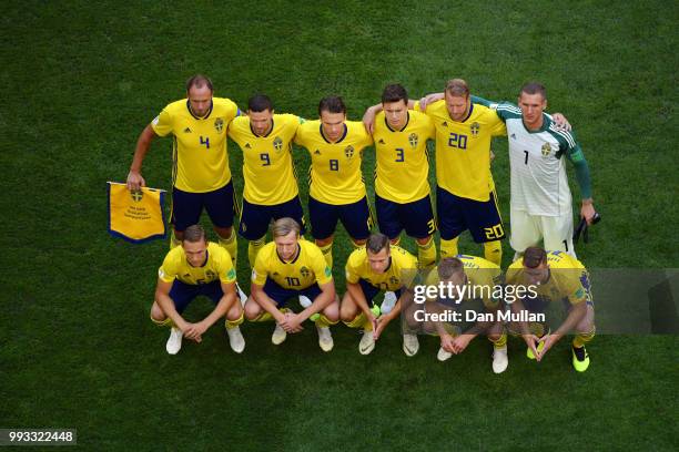 Sweden pose for a team photo during the 2018 FIFA World Cup Russia Quarter Final match between Sweden and England at Samara Arena on July 7, 2018 in...