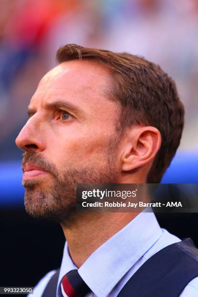 Gareth Southgate head coach / manager of England looks on prior to the 2018 FIFA World Cup Russia Quarter Final match between Sweden and England at...