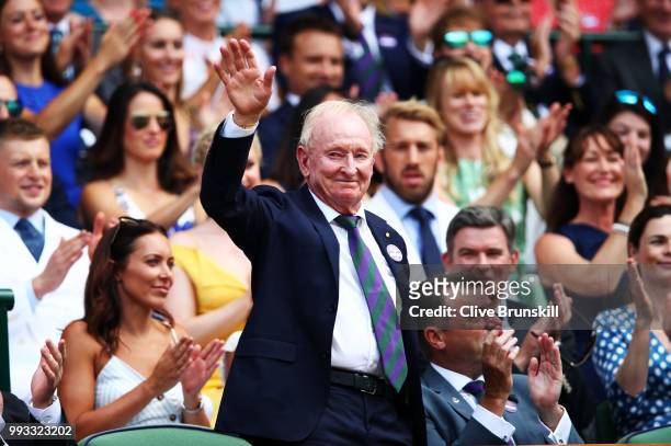 Rod Laver attends day six of the Wimbledon Lawn Tennis Championships at All England Lawn Tennis and Croquet Club on July 7, 2018 in London, England.