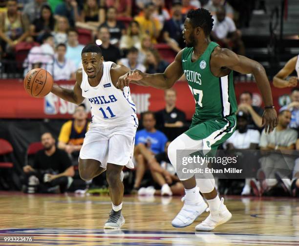 Demetrius Jackson of the Philadelphia 76ers brings the ball up the court against Semi Ojeleye of the Boston Celtics during the 2018 NBA Summer League...